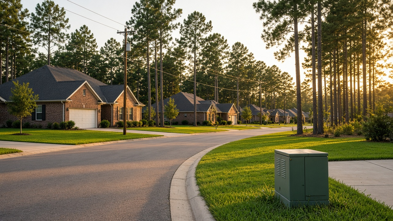 Quiet suburban street in southeast Texas at sunset with new homes, pine trees and a utility line