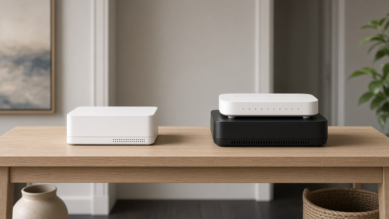Xfinity-style gateway beside a separate modem and Wi-Fi router kit on a home entry table