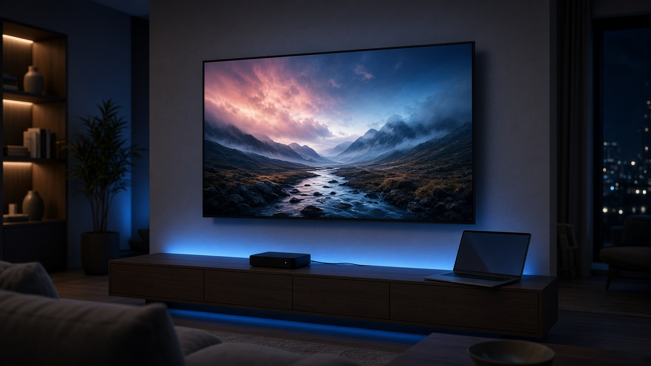 Living room smart TV showing an abstract colorful nature video with a streaming stick and a laptop on the coffee table, no logos or interface text