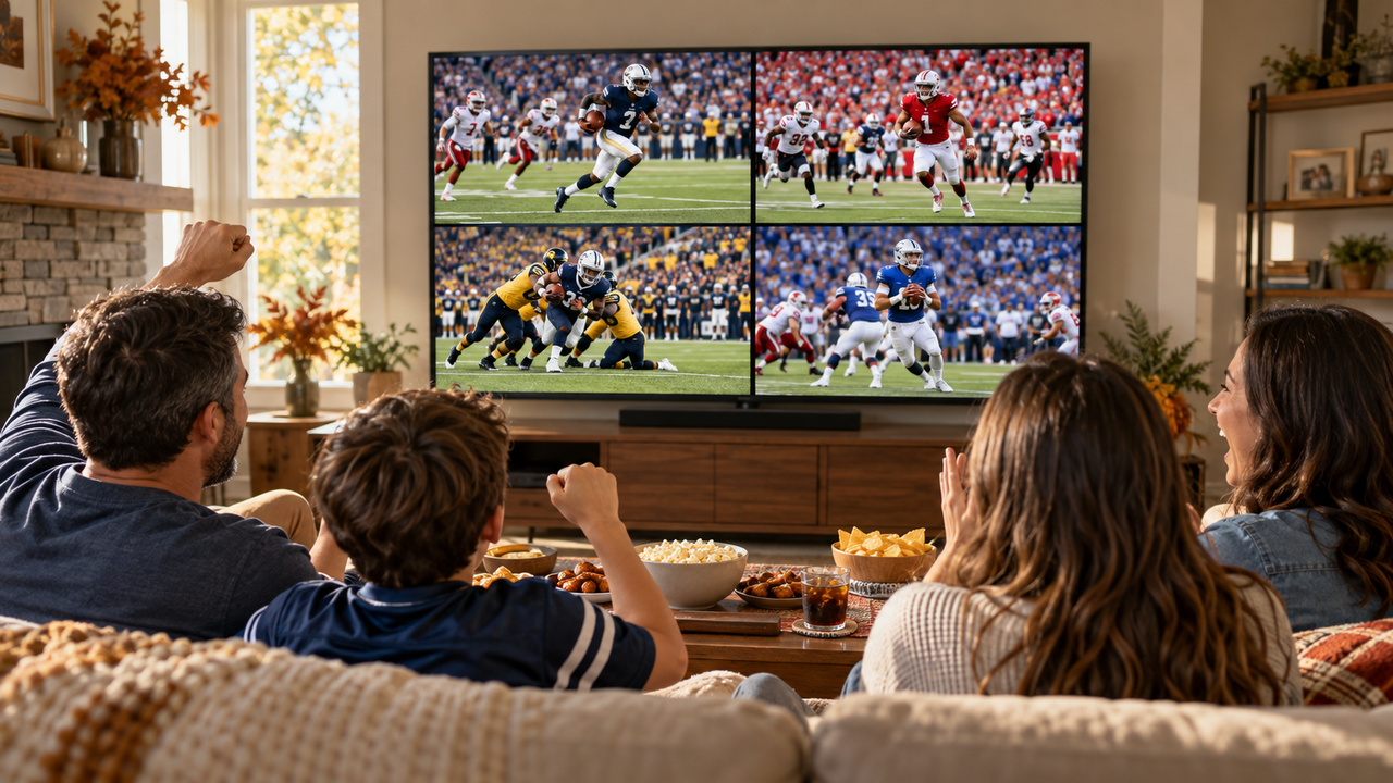 Football fans watching several NFL games in a multiview layout on a large living room TV