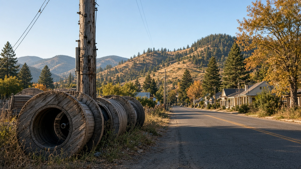 Fiber optic cable spool beside a new utility pole on a quiet small-town street in the Pacific Northwest