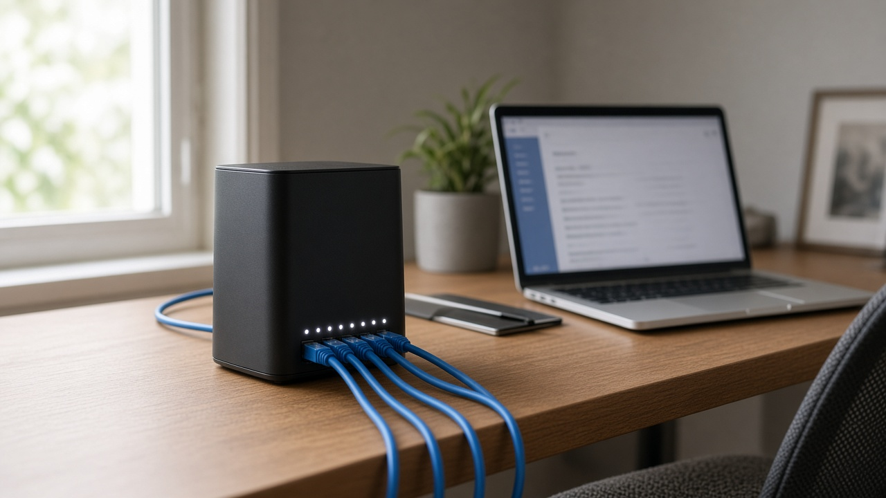 Home office desk with a black DSL gateway and Ethernet cables beside a laptop showing a blurred settings page, soft daylight, no logos or readable text